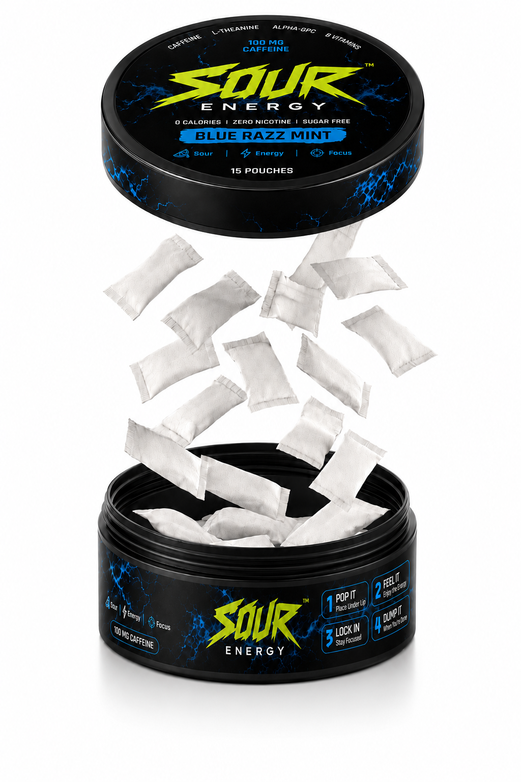 Blue Razz Mint SOUR ENERGY caffeine pouch tin, image 2