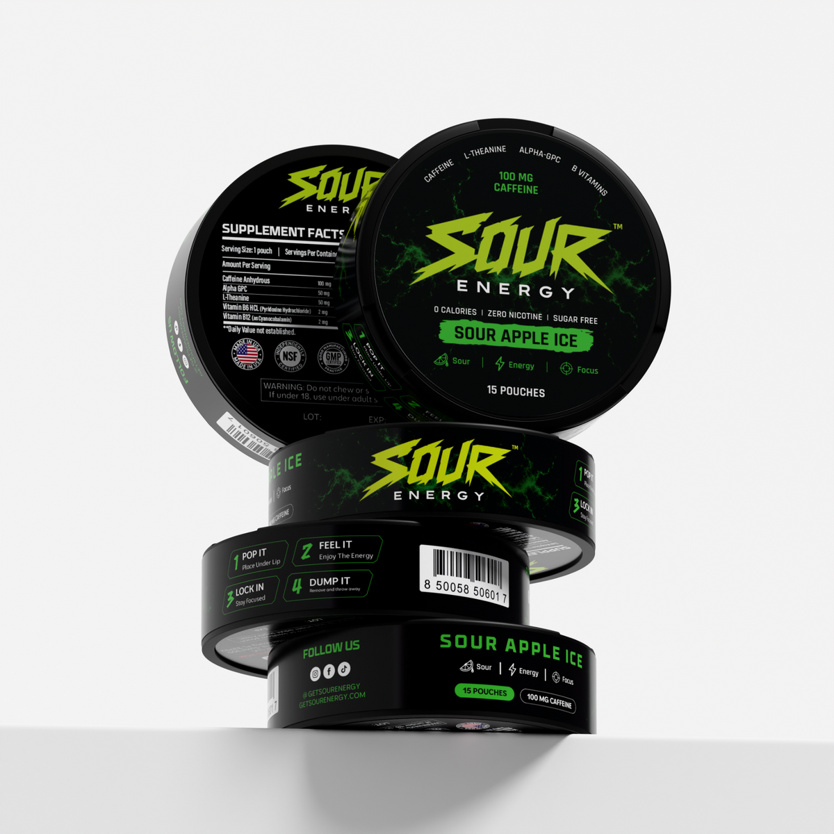 Green Apple Ice SOUR ENERGY caffeine pouch tin, image 4