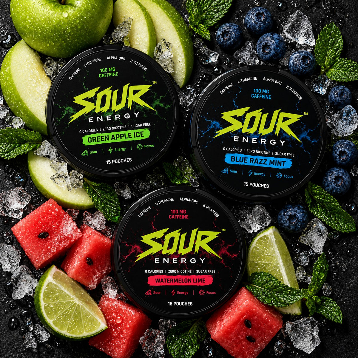 Flat lay of SOUR ENERGY Blue Razz Mint, Green Apple Ice and Watermelon Lime caffeine pouch tins with fresh fruit and ice