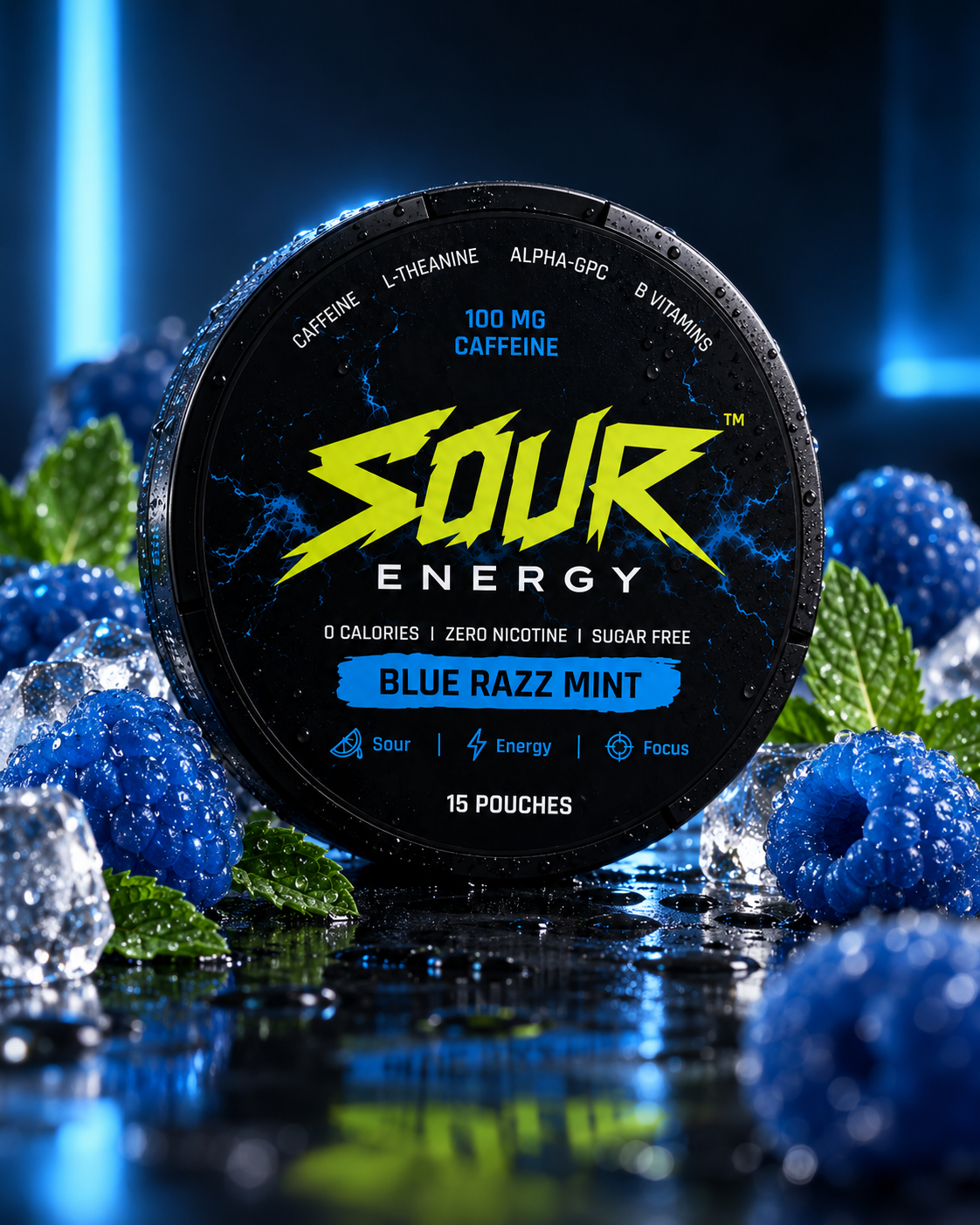 Blue Razz Mint SOUR ENERGY caffeine pouch tin, image 1