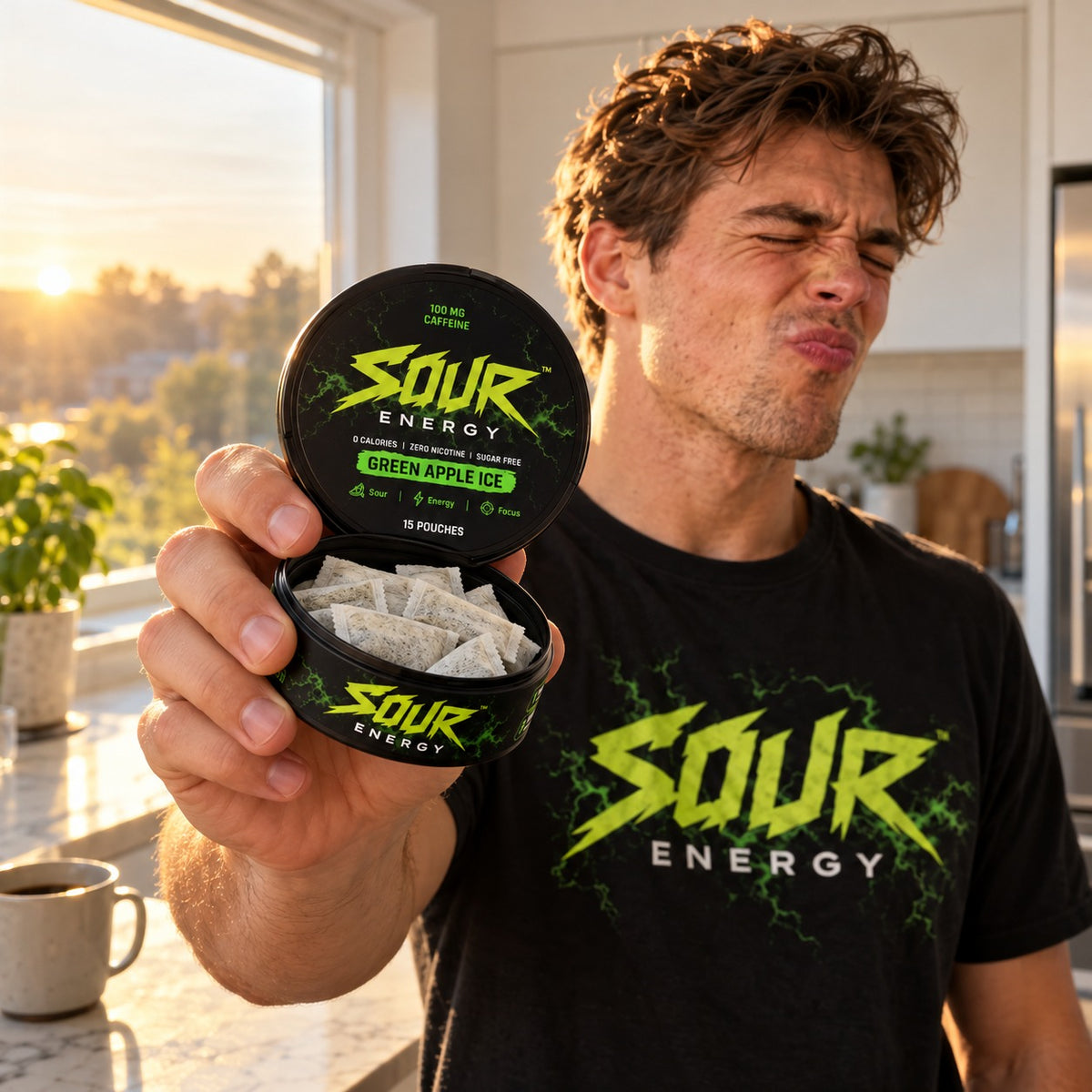 Man tasting SOUR ENERGY Green Apple Ice caffeine pouch in a sunny kitchen